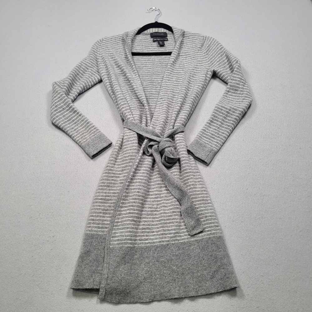Tahari Pure Luxe 100% Cashmere Striped Belted Cardigan Sweater Grey White Small